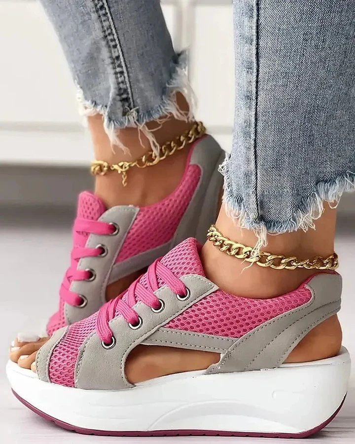 Fashionable women's platform sandals with peep toe, contrast panel, lace-up straps & non-slip sole.