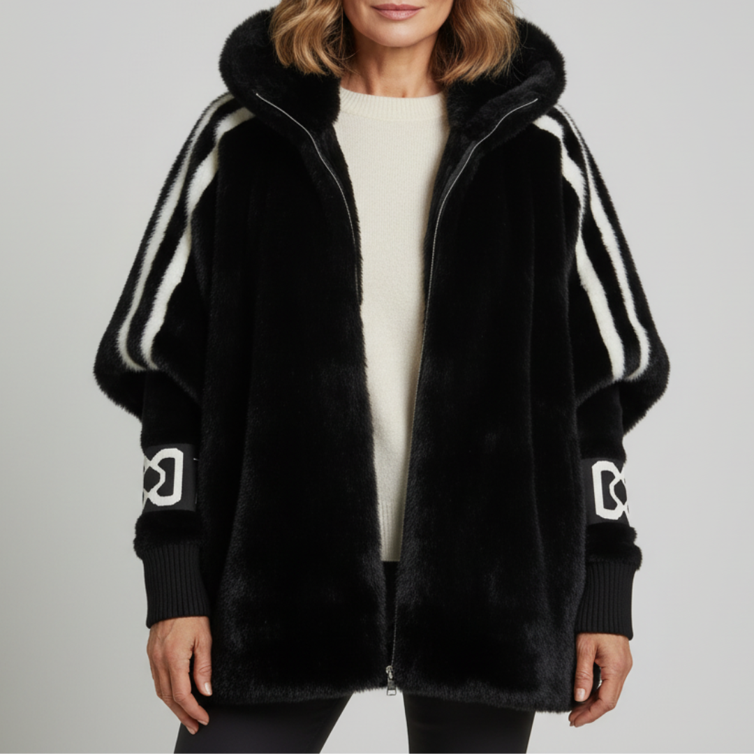 Woman wearing a fashionable and warm hooded winter parka jacket, perfect for urban cold weather adventures and everyday style.