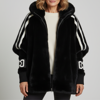 Woman wearing a fashionable and warm hooded winter parka jacket, perfect for urban cold weather adventures and everyday style.