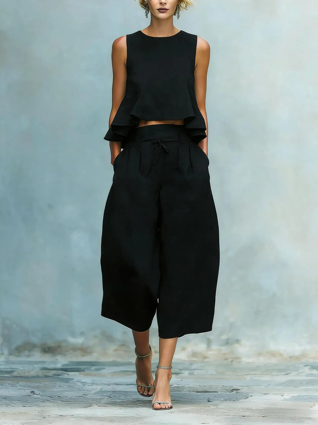 Trendy women's chic crop top & wide leg pant set. Comfortable two-piece summer outfit for stylish casual wear.