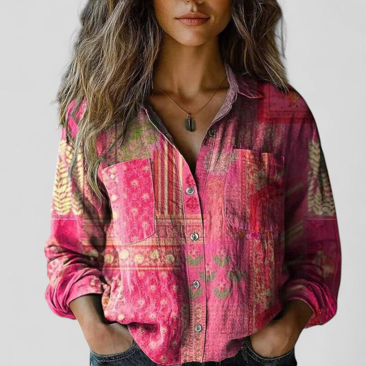 Fashionable women's gradient top, a soft long-sleeve button-up shirt ideal for versatile everyday styling.