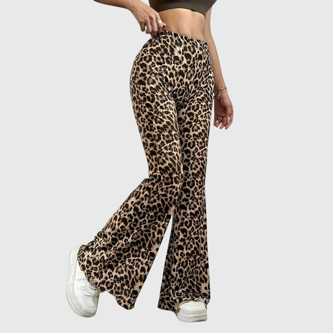 Comfortable women's bootcut pants featuring chic leopard print, ideal for stylish everyday or statement wear.