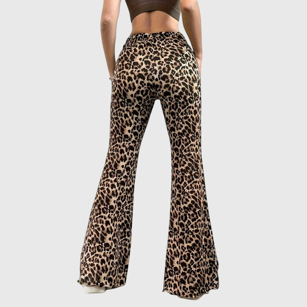 Fashionable women's leopard animal print bootcut pants with a high waist, offering a trendy and versatile look.