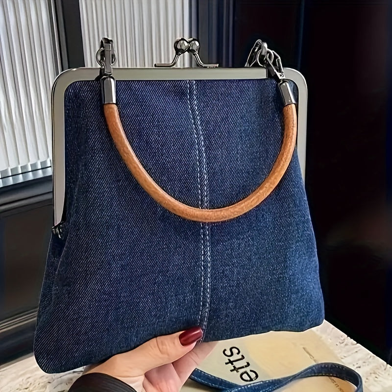 Stylish women's indigo denim & leather shoulder bag, a fashionable casual accessory for everyday wear.