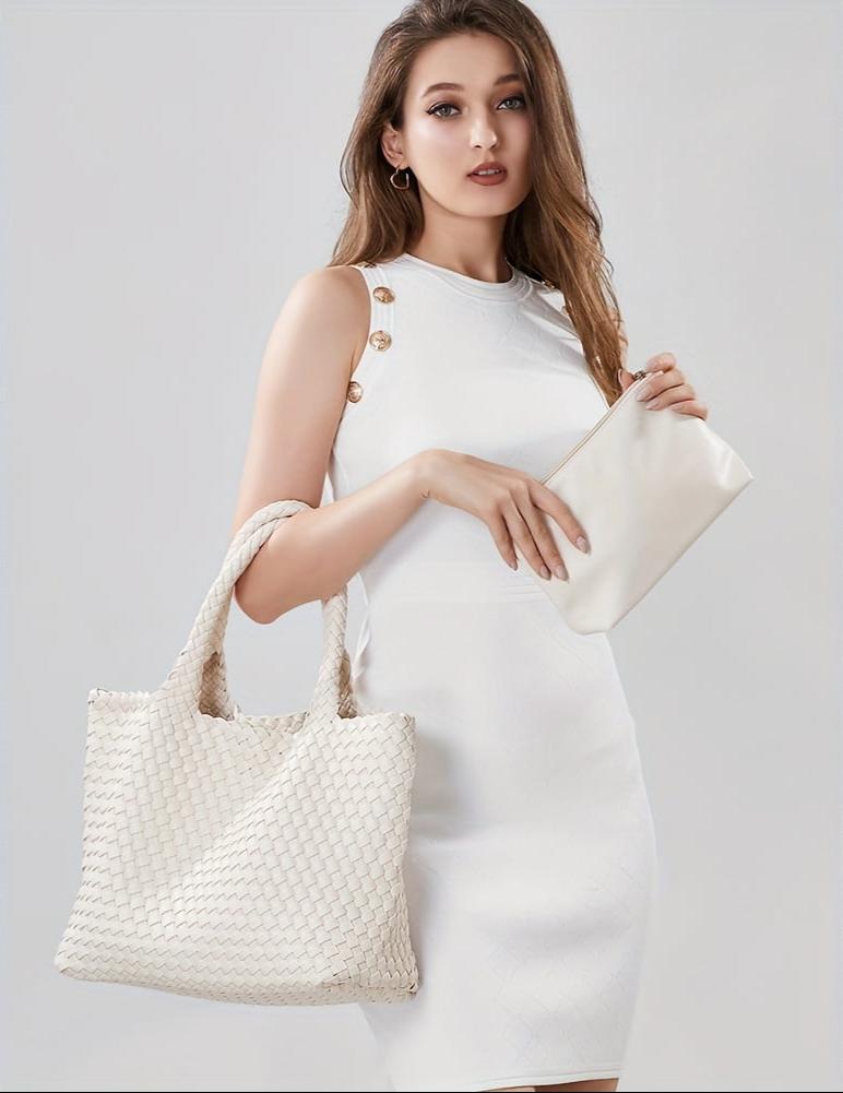 Stylish faux leather woven tote bag for women. Large shoulder carryall, perfect for daily tasks.