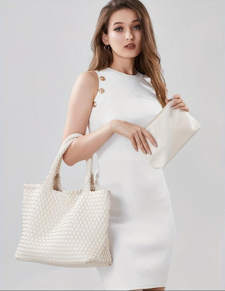 Stylish faux leather woven tote bag for women. Large shoulder carryall, perfect for daily tasks.