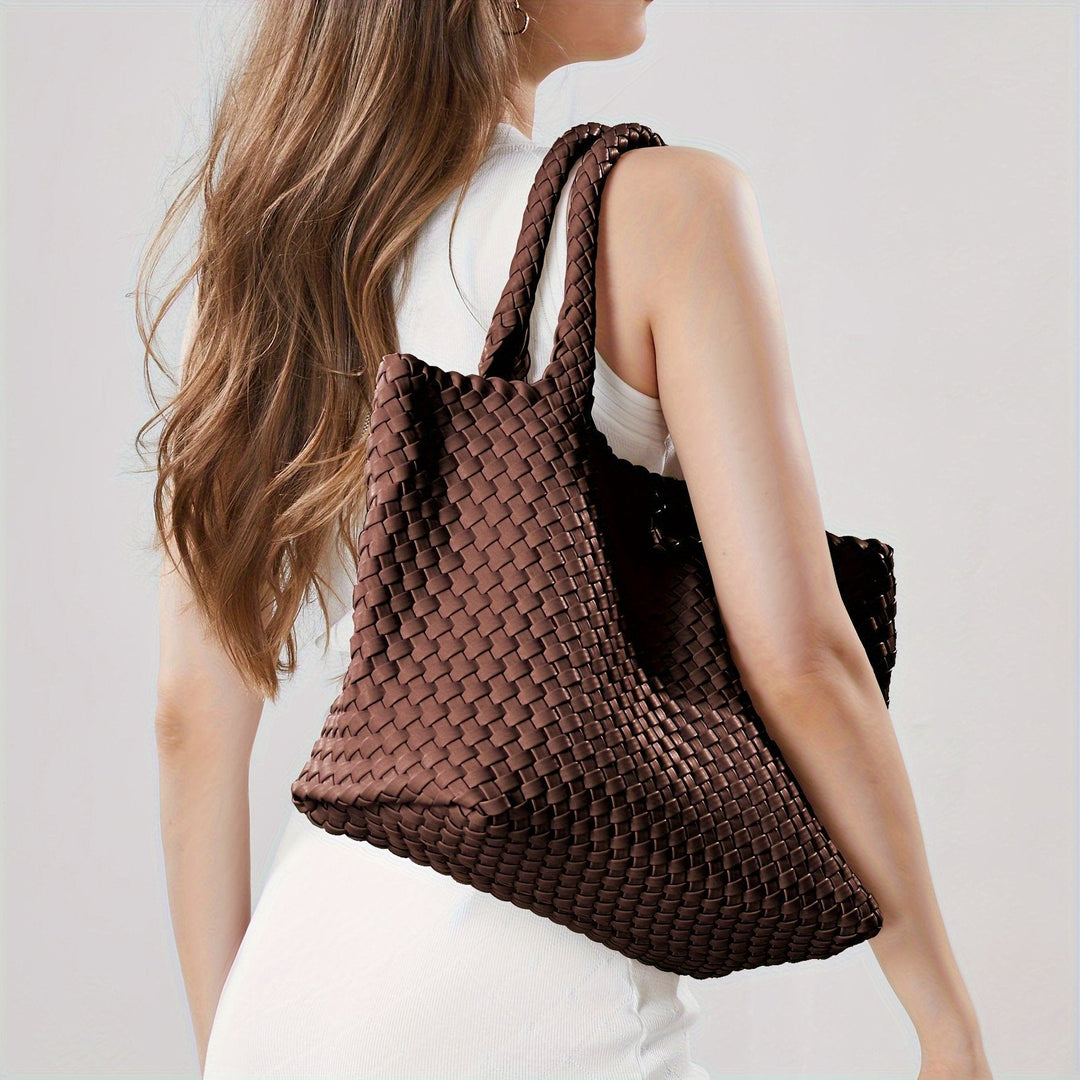 Roomy women's large woven tote bag. Faux leather shoulder carryall, perfect for daily commuting & errands.