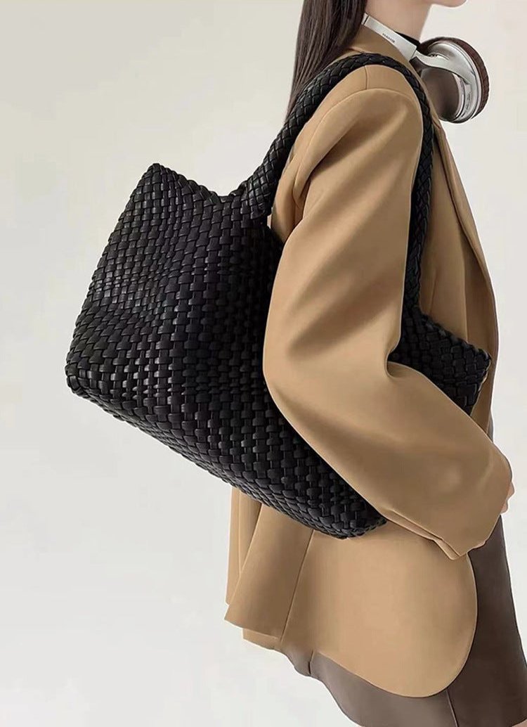 Modern women's large woven tote. Faux leather shoulder carryall, perfect daily bag with ample space.