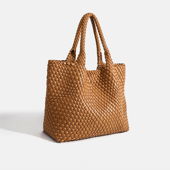 Faux leather woven tote bag for women. Stylish, large capacity shoulder carryall, perfect daily use.