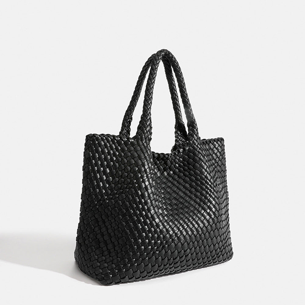 Woven shoulder bag for women. Large faux leather tote, stylish daily carryall handbag accessory.