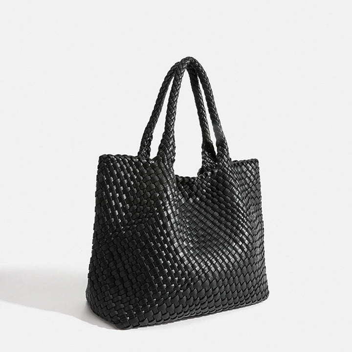 Woven shoulder bag for women. Large faux leather tote, stylish daily carryall handbag accessory.