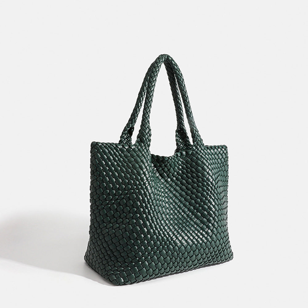 Fashionable women's woven tote bag. Large shoulder carryall, chic faux leather for daily errands.