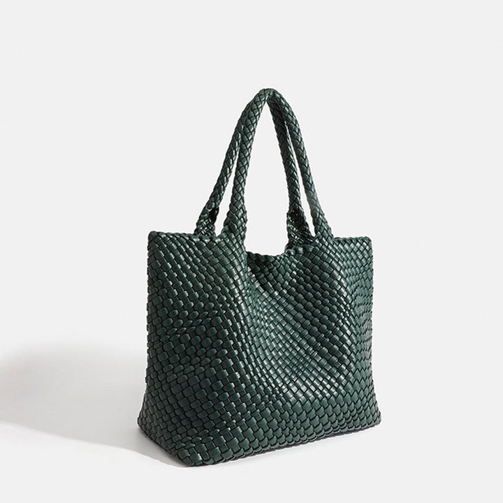 Fashionable women's woven tote bag. Large shoulder carryall, chic faux leather for daily errands.