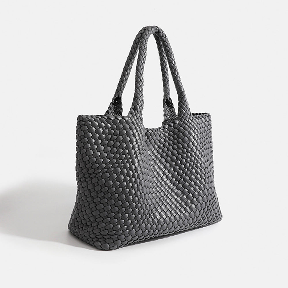 Spacious women's woven tote bag. Large faux leather shoulder carryall, ideal for daily essentials.