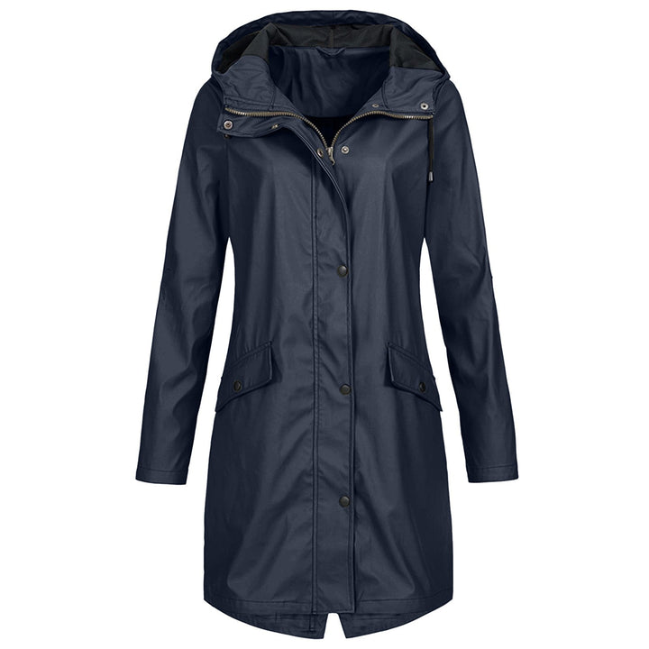Stylish women's lightweight rain jacket with hood, offering waterproof protection for all-season fashion.