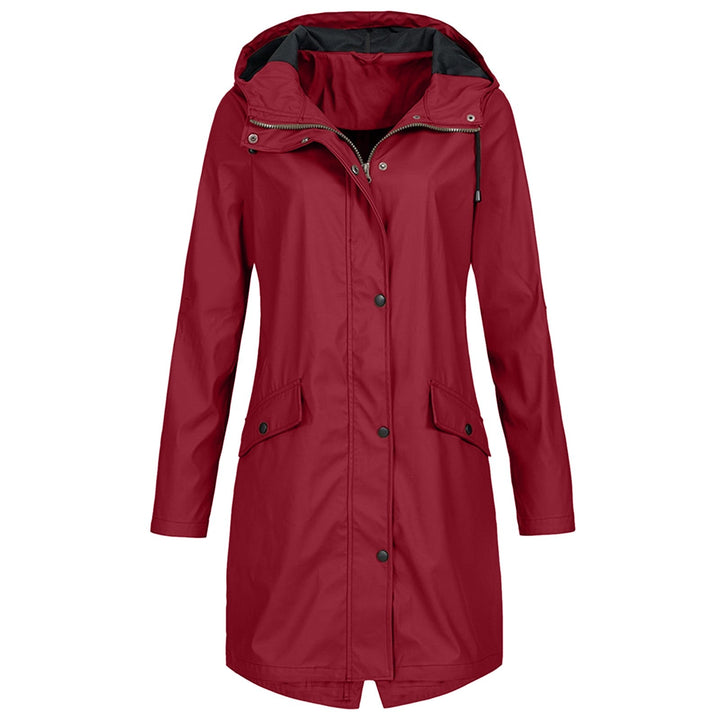 Fashionable women's waterproof jacket, lightweight design and hood for complete weather protection.