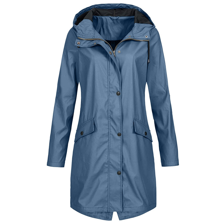 Elegant women's rain coat, lightweight with hood, offering stylish and practical protection on rainy days.