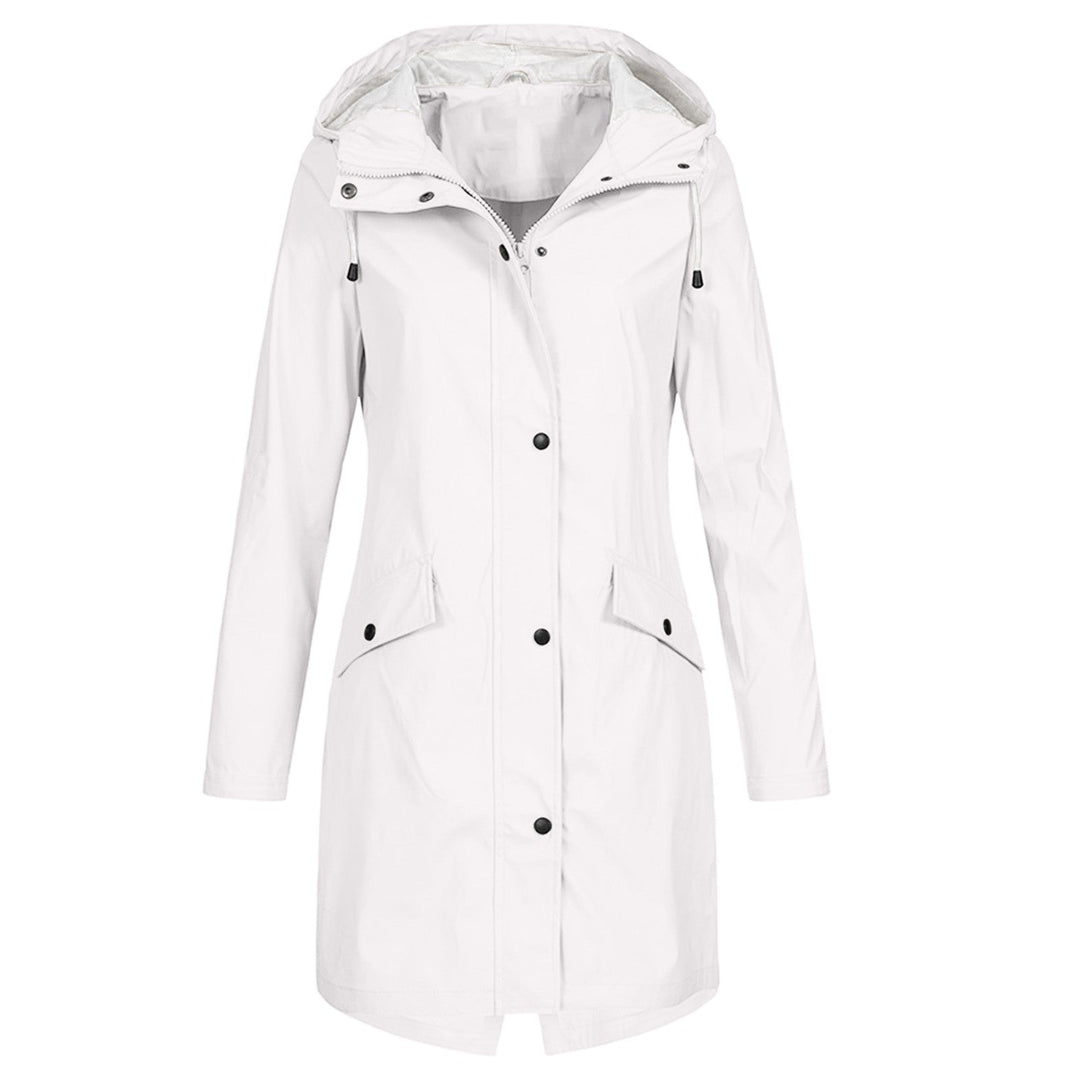 Women's stylish rain jacket, lightweight & waterproof, providing essential weather protection & modern fashion.