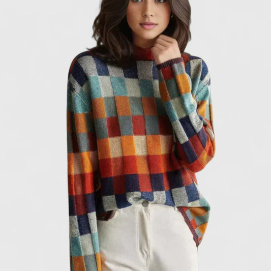 Stylish women's multicolored check pattern pullover sweater for cozy autumn fashion & casual wear.