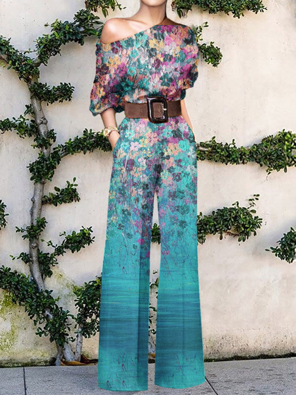 Chic women's one-shoulder printed wide-leg jumpsuit. Versatile for casual chic, party, or resort wear.