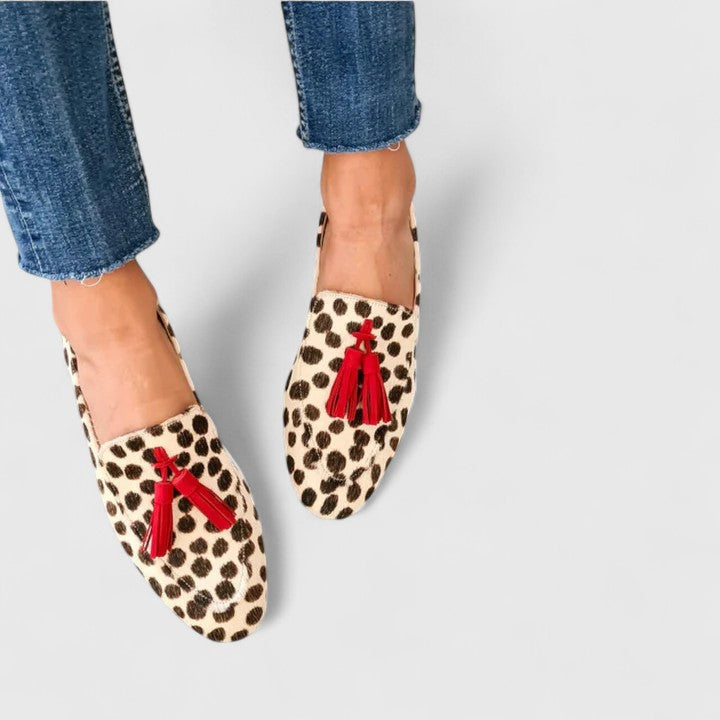 Stylish women's orthopedic leopard print loafers with arch support for comfort & walking. Slip-on casual dress shoes.