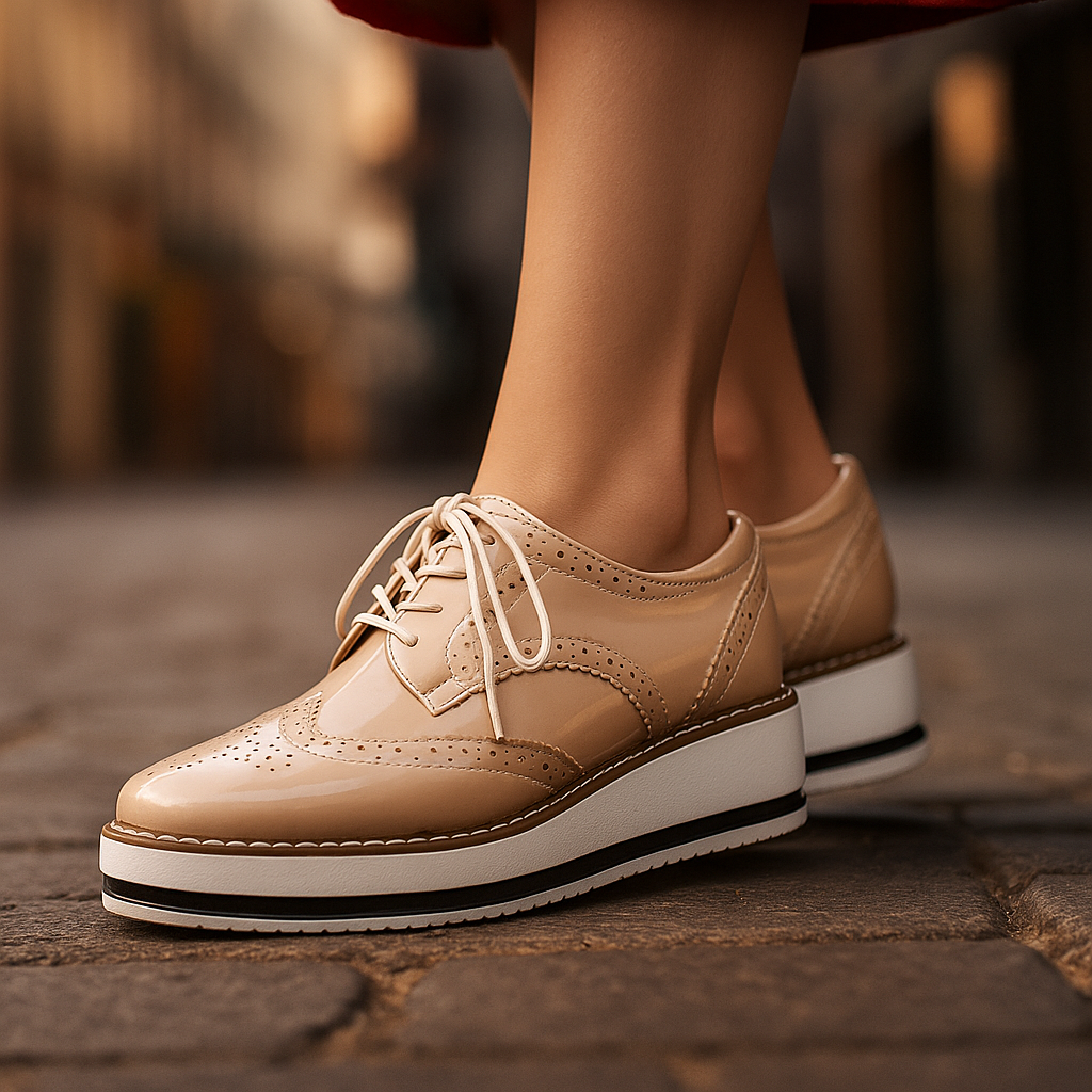Black platform oxfords for women with perforated design, offering stylish height & lightweight comfort.