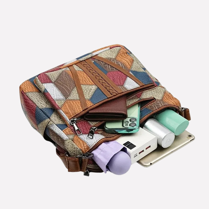 Unique patchwork shoulder bag for women, featuring intricate braided detailing and a fashionable, organized design.