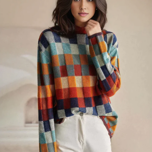 Stylish women's patchwork turtleneck top, ideal for cozy fall and winter fashion.