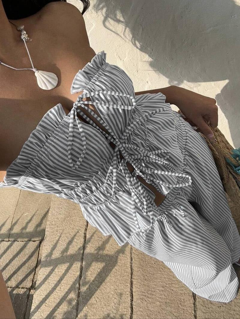 Breathable cotton blend pinstripe two-piece set for women, featuring a bandeau top and wide-leg pants.