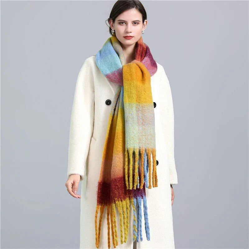 Stylish women's plaid winter scarf, warm & cozy fashion accessory.