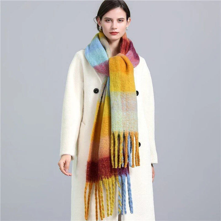 Stylish women's plaid winter scarf, warm & cozy fashion accessory.