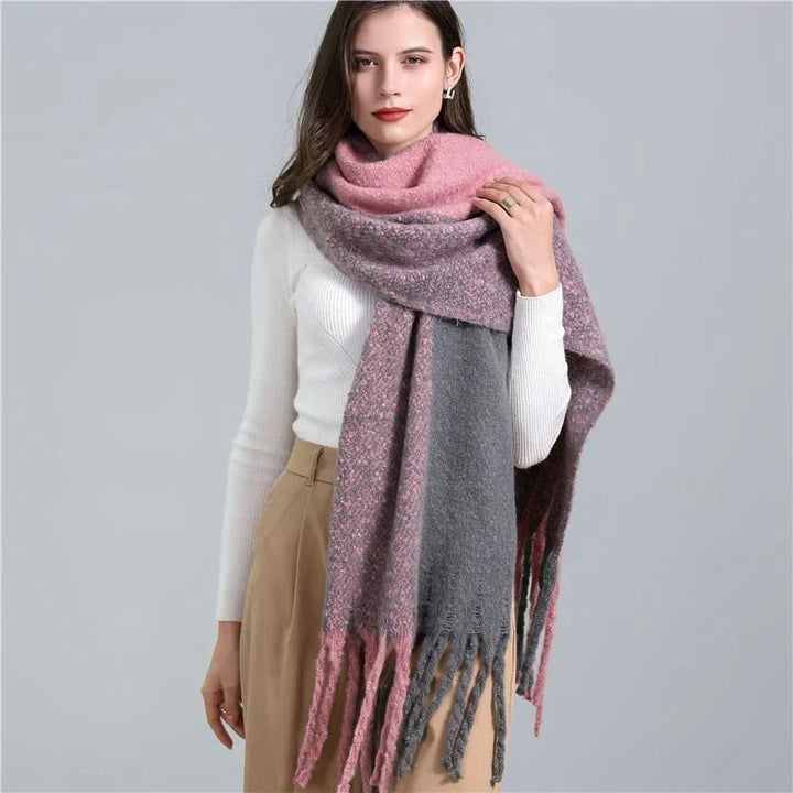 Fashionable women's checked scarf, warm plaid design for winter.