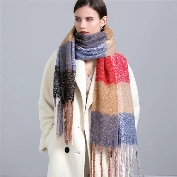 Trendy women's plaid accessory, a warm and cozy winter essential.