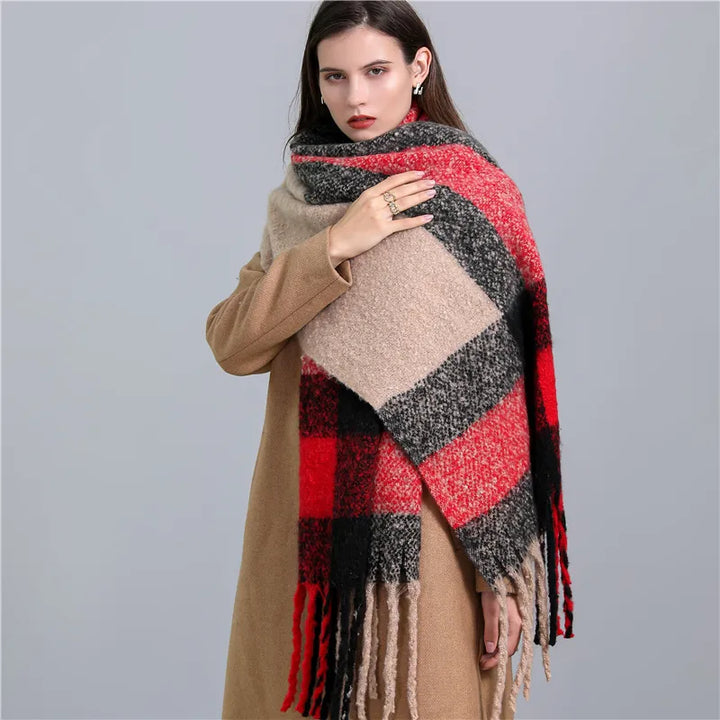 Women's soft plaid winter scarf, elegant and warm fashion piece.