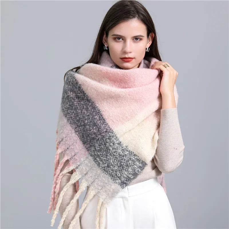 Trendy checked women's scarf, soft plaid for cozy winter outfits.