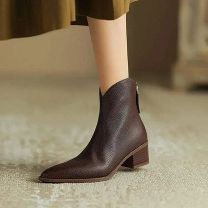 Fashionable brown pointed toe heeled ankle boots, versatile for dressy or casual wear.