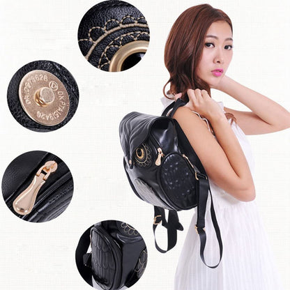Casual women's PU leather backpack, perfect for school or travel, adorned with a unique owl print.
