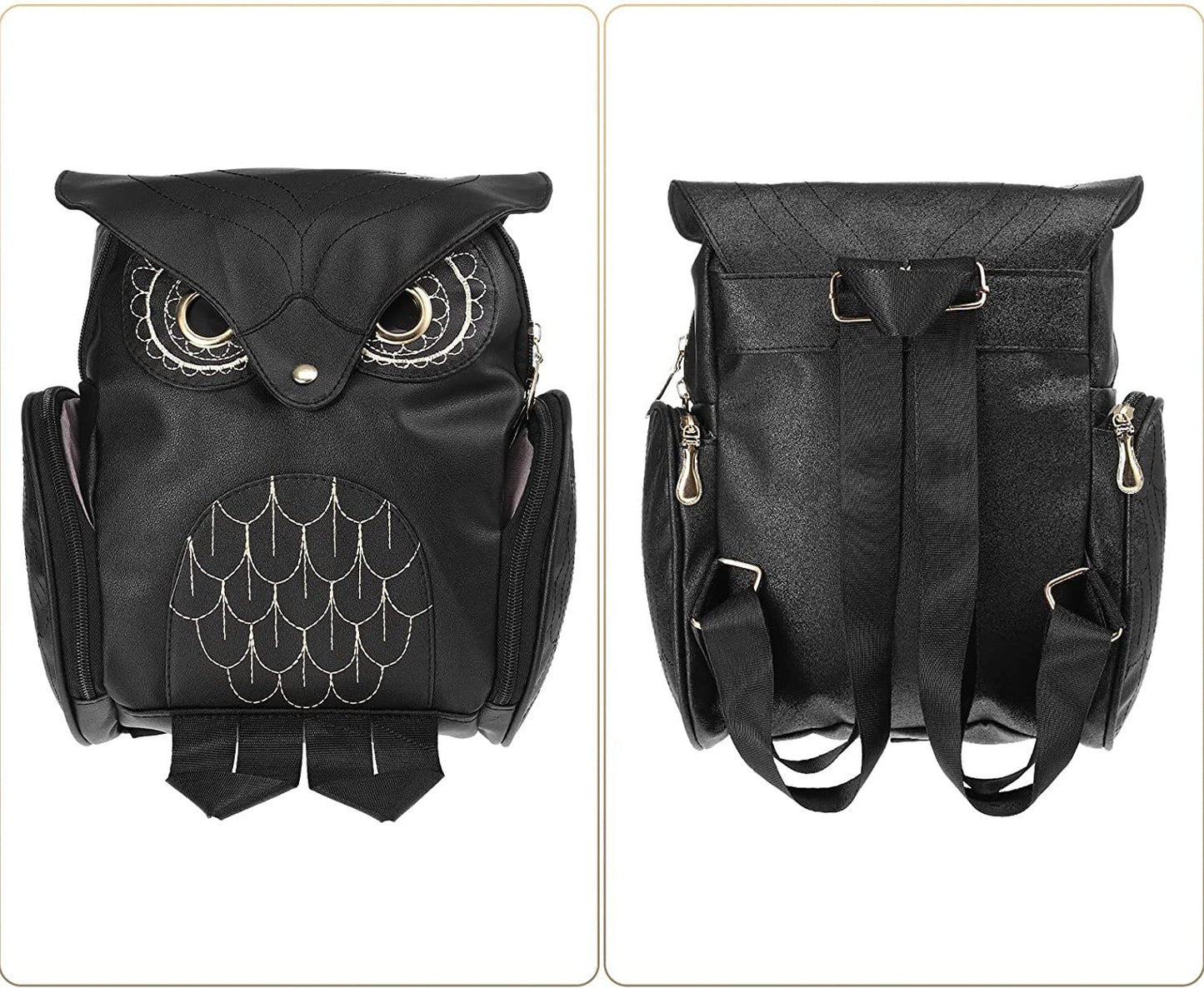 Close-up of the unique owl print on a multi-pocket women's PU leather fashion backpack.