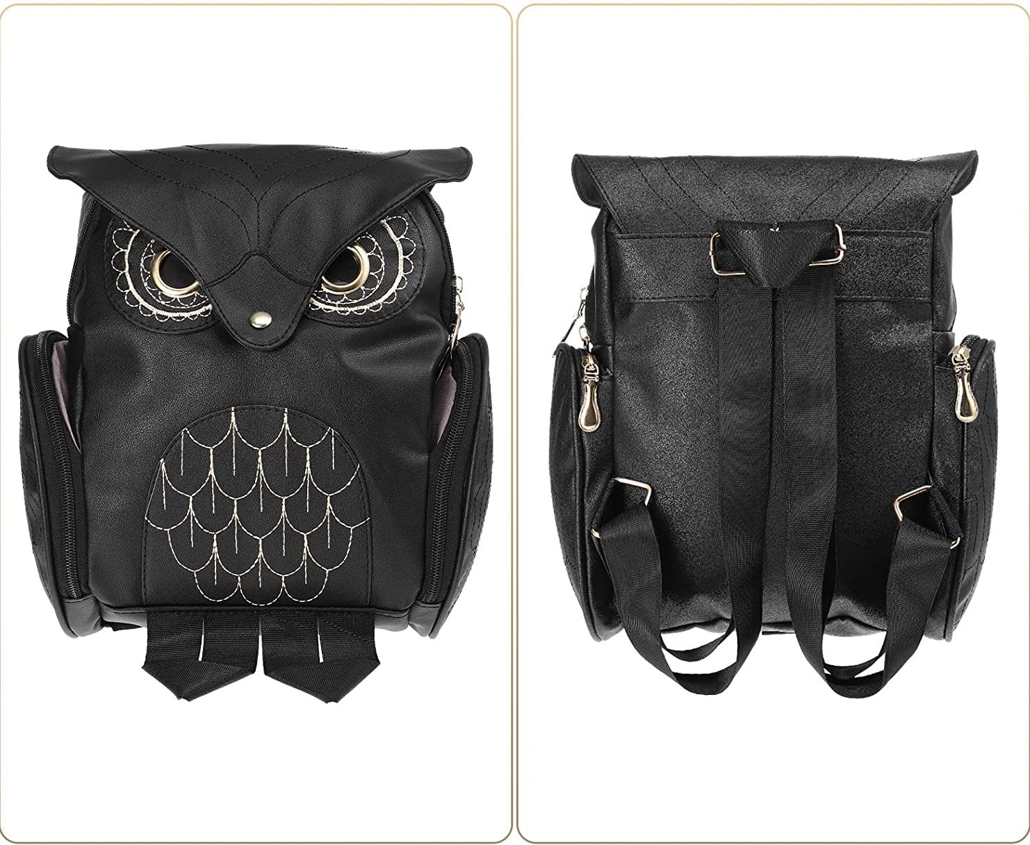 Close-up of the unique owl print on a multi-pocket women's PU leather fashion backpack.