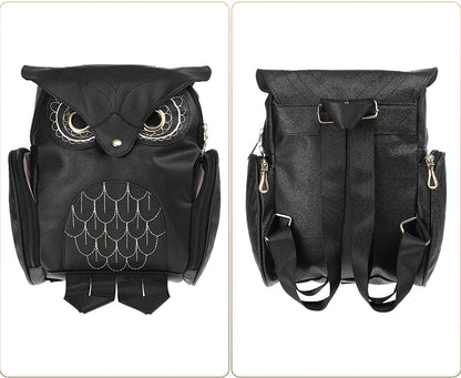 Close-up of the unique owl print on a multi-pocket women's PU leather fashion backpack.