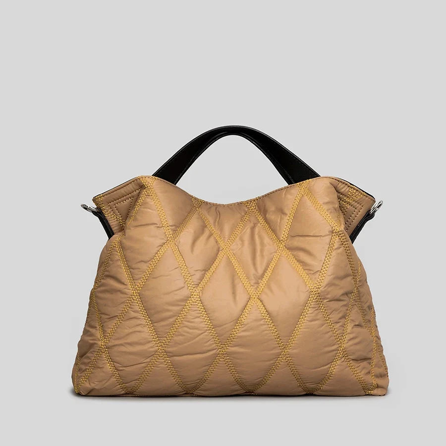 Cotton-filled quilted tote bag for women. Spacious & soft everyday carry-all, easily fits essentials.