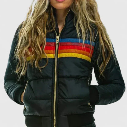 Stylish women's retro stripe winter jacket. Warm padded outerwear for cold weather, perfect casual fashion.