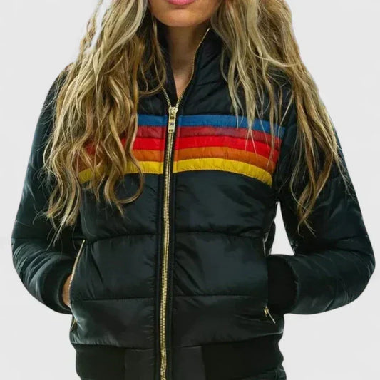 Stylish women's retro stripe winter jacket. Warm padded outerwear for cold weather, perfect casual fashion.