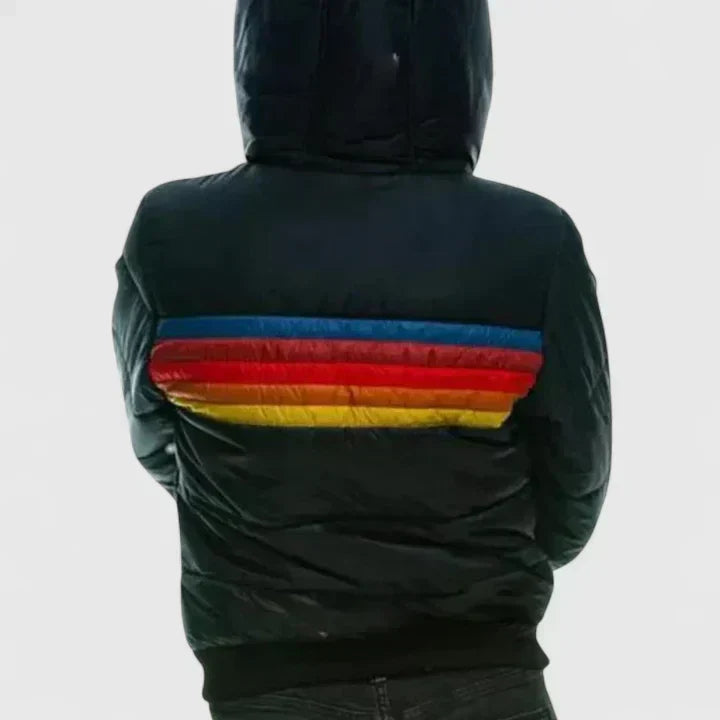 Women's retro stripe winter jacket. A warm and stylish padded coat, perfect casual outerwear for cold weather.