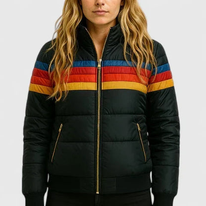Comfortable women's retro stripe winter jacket. Warm padded outerwear, a stylish choice for cold weather fashion.