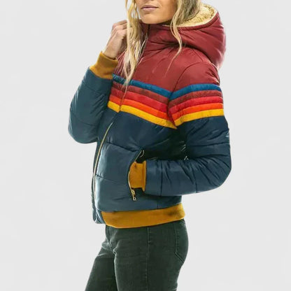 Versatile women's retro stripe winter jacket. Warm padded outerwear, offering stylish casual comfort in cold weather.