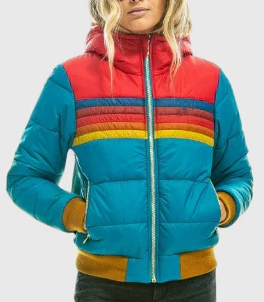 Women's warm retro stripe winter jacket. Padded outerwear, perfect for stylish casual looks in cold weather.