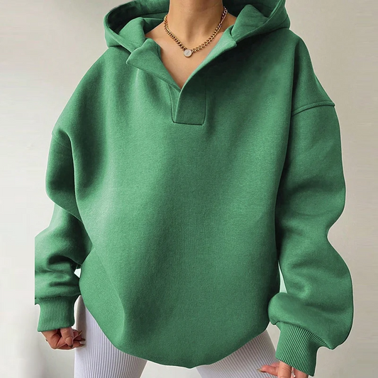 Stylish women's Sienna oversized V-neck pullover hoodie in black, ideal for cozy casual wear.
