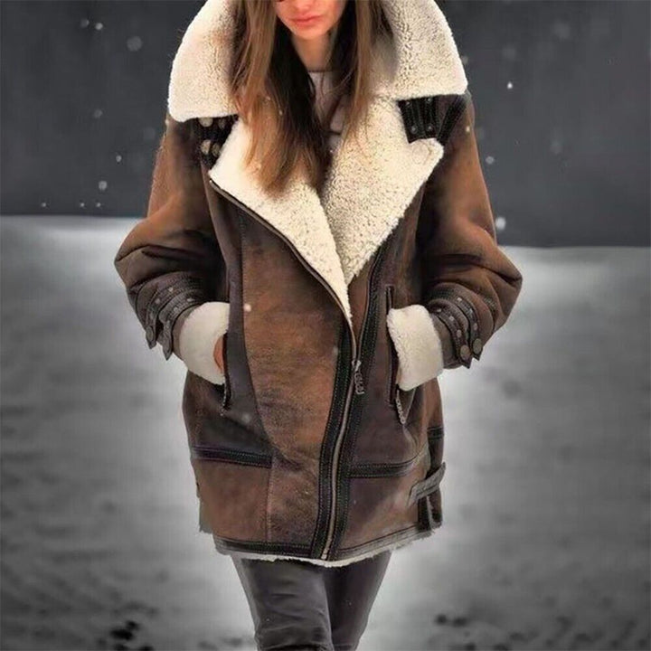 Comfortable & stylish women's warm suede Sherpa coat. Ideal cozy outerwear for chilly fall & winter days.