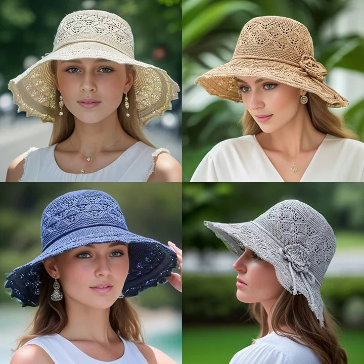 Fashionable women's beach hat, wide brim with elegant lace, offering stylish sun protection.
